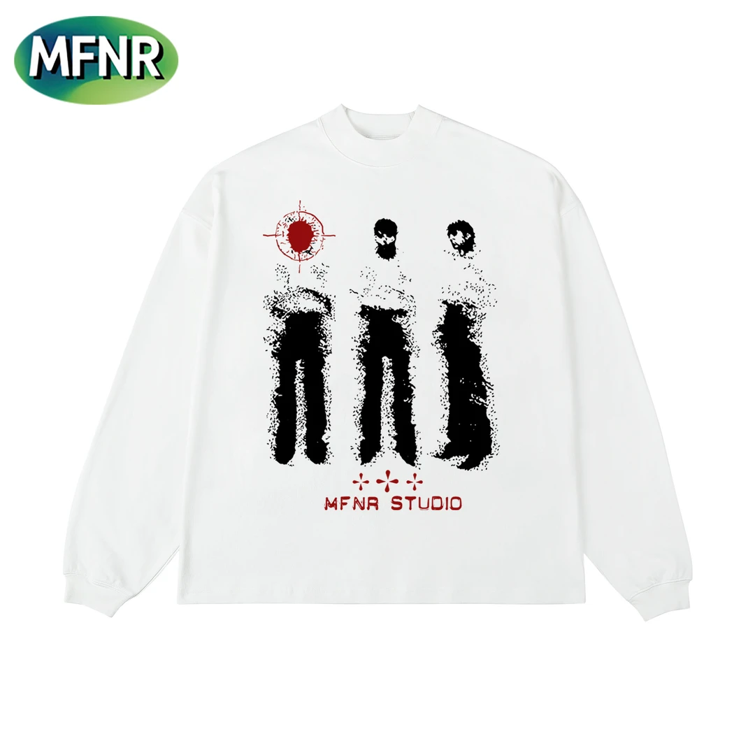 美式复古oversize印花T恤男秋冬圆领宽松重磅纯棉打底长袖上衣潮