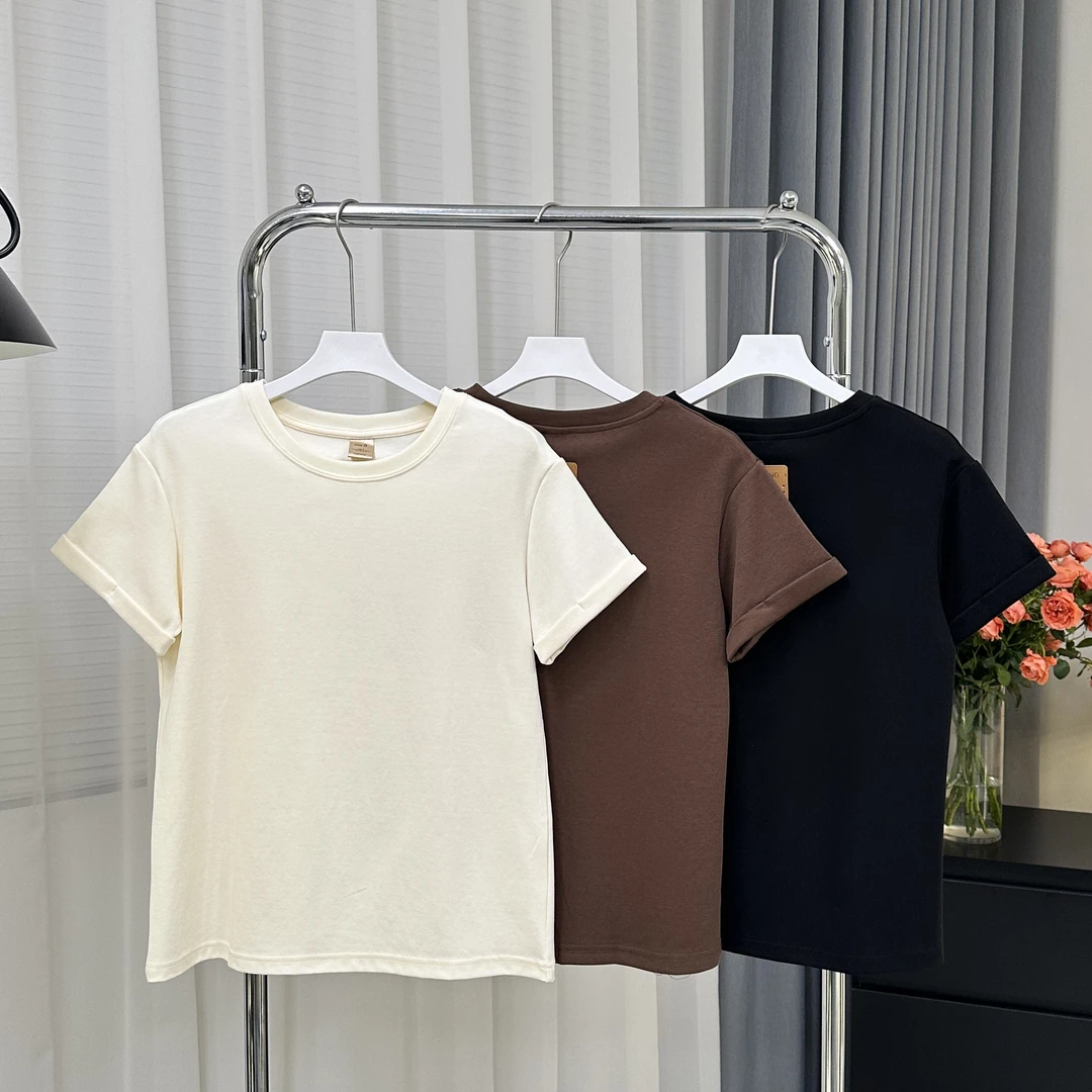 「后背小熊贴标」太空棉 翻边袖纯色短袖t恤 夏季圆领宽松上衣T013