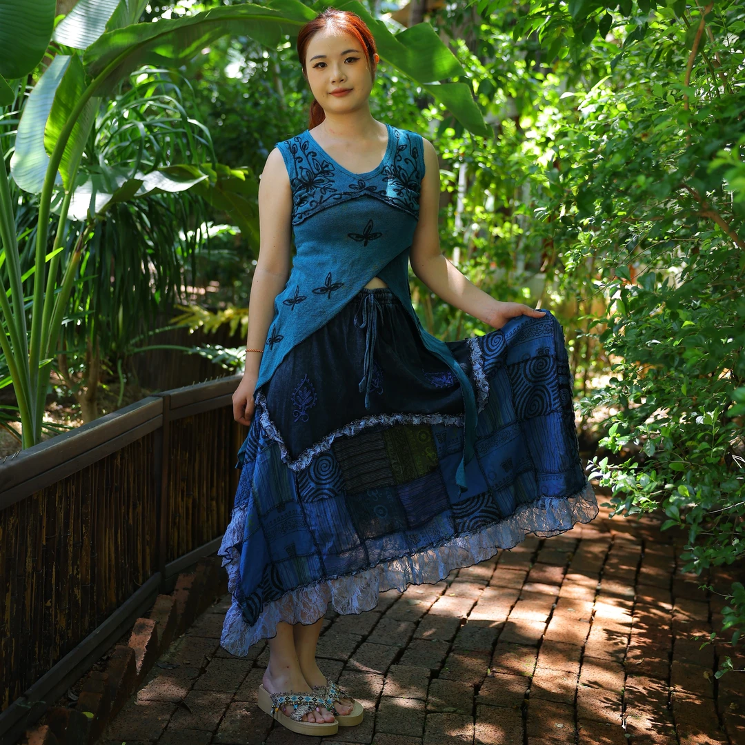 波西米亚风格纯植物染色拼接刺绣嬉皮风女装