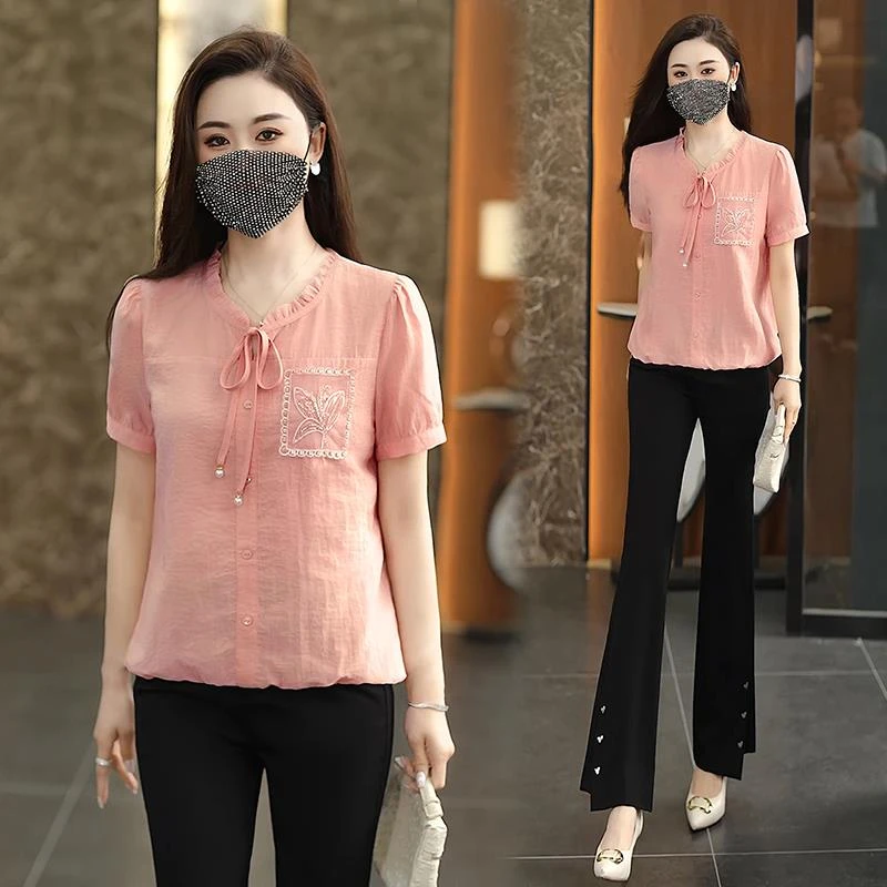 时尚短袖衬衫女2025年夏季新款百搭显瘦宽松上衣洋气减龄休闲小衫