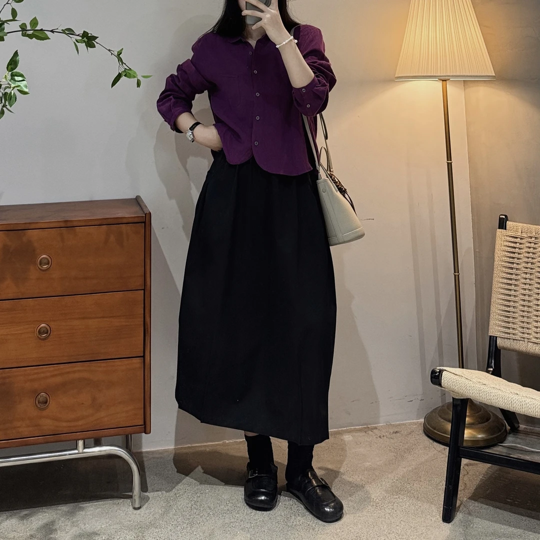 韩系显瘦时尚百搭休闲口袋设计黑色高腰气球半裙--JH25101317