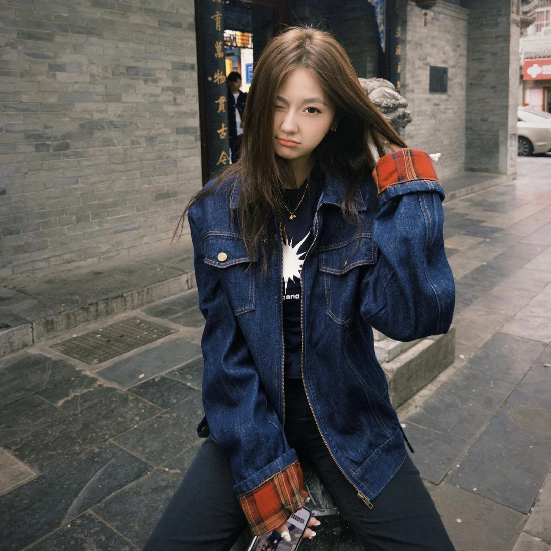 美式复古格子拼接牛仔外套女2025春季季新款宽松百搭休闲夹克上衣