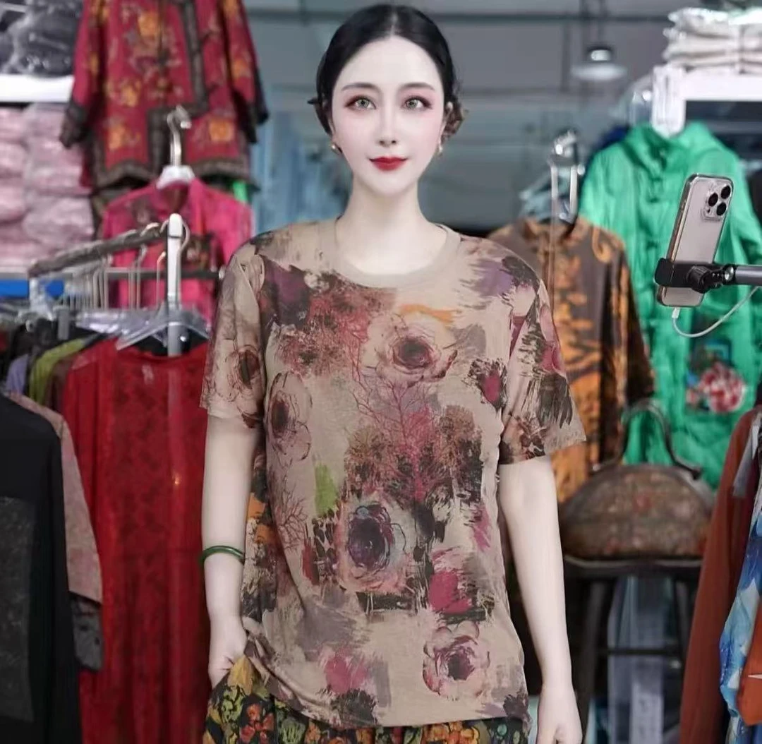 圆领T恤2025夏季女士短袖打底衫常规半袖宽松型短袖款字母洋气