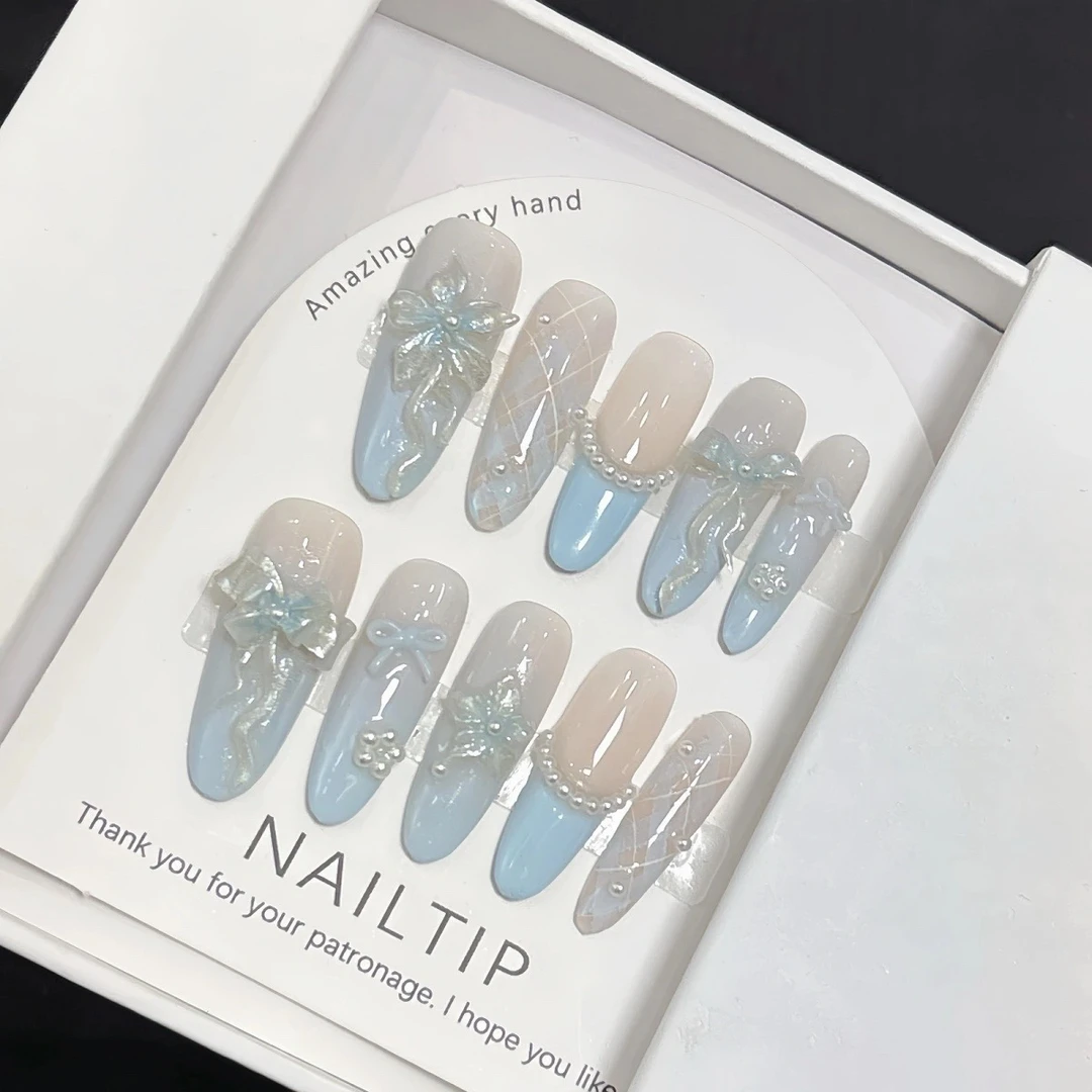 TAO•【珍珠少女】奶油蓝少女长款格纹蝴蝶结浮雕穿戴甲