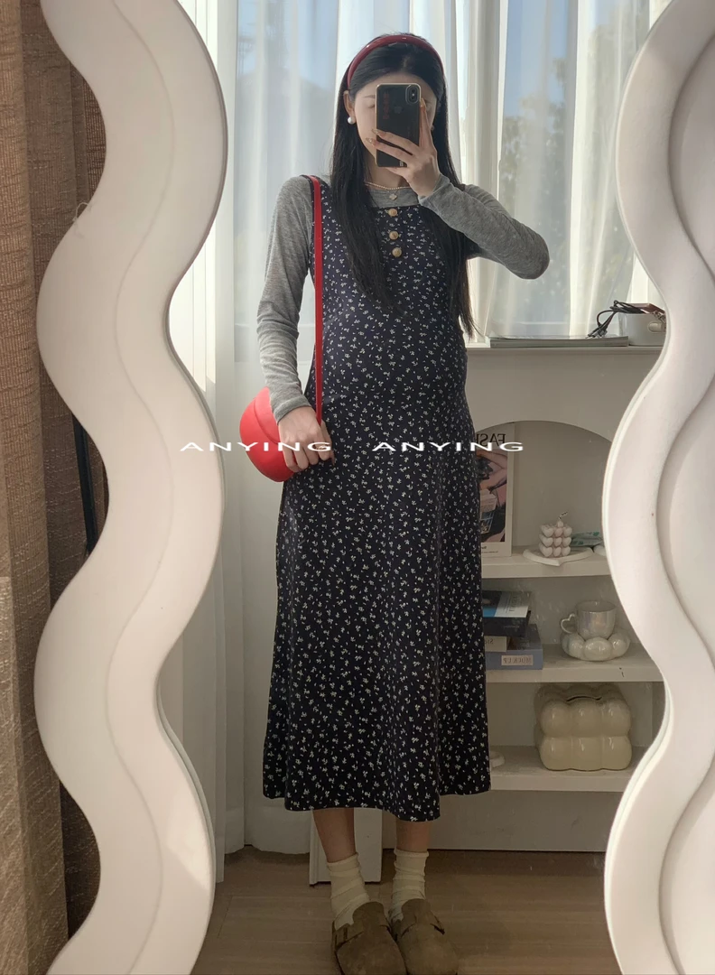 浪漫假日 孕妇韩系气质蓝色碎花收腰背心裙打底衫套装