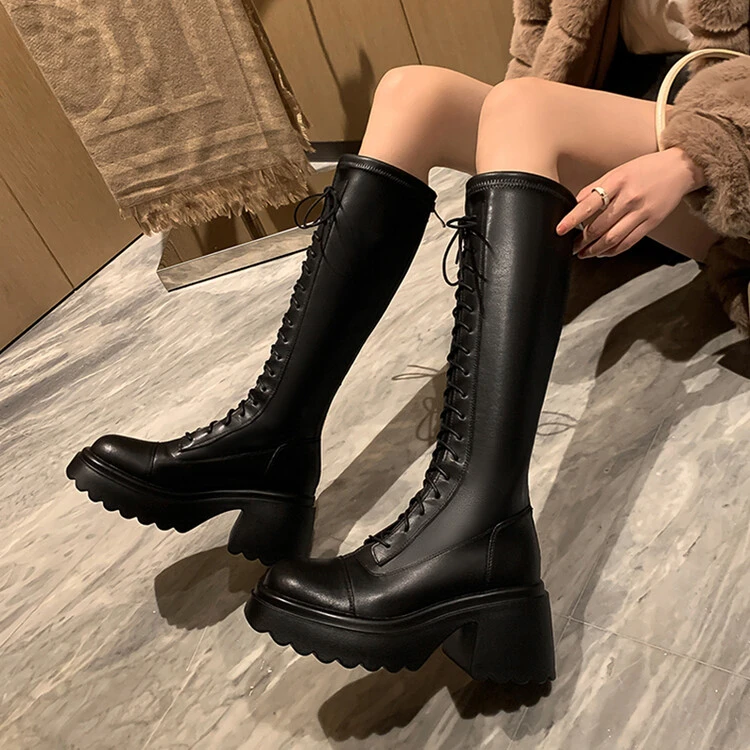 秋冬皮靴新款显瘦靴子鞋子女冬季松糕底骑士靴高筒真皮女靴 HNLP