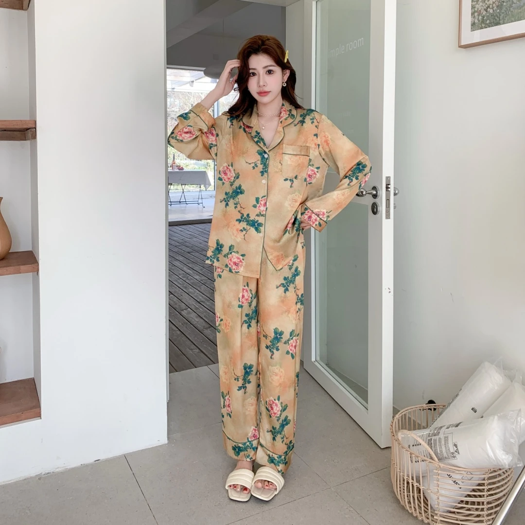 春秋可爱复古田园风少女冰丝长袖家居服套装韩系开衫国风女款睡衣