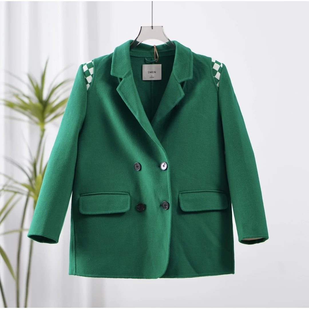 【诗M】O-478 女装秋冬双排扣双面毛呢大衣绿色2598728