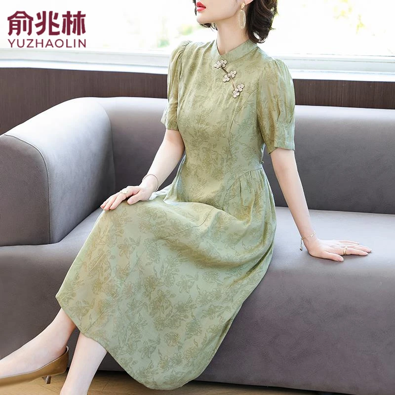 俞兆林年轻妈妈夏装新中式连衣裙优雅气质中老年女装短袖改良旗袍