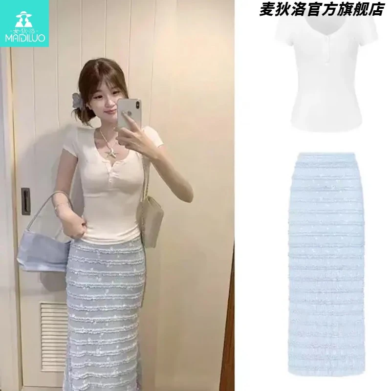 蓝色印花蕾丝鱼尾半身裙女夏2025新款纯欲高腰显瘦度假风包臀长裙