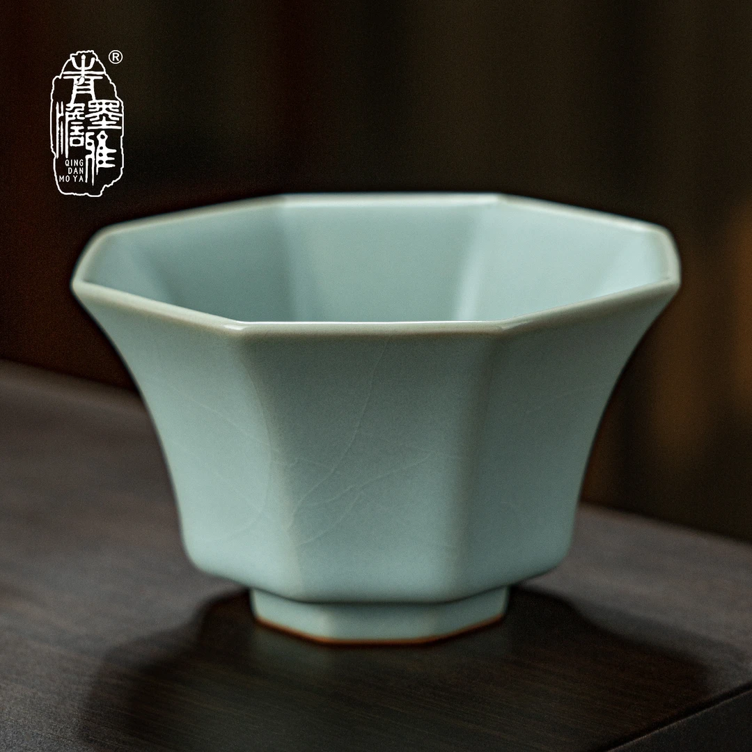汝窑天青厚德八方杯80ml复古茶杯景德镇陶瓷茶杯开片可养