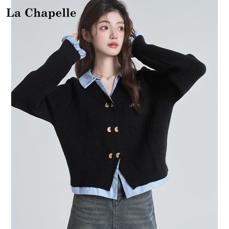 拉夏贝尔黑色假两件针织开衫女2025新款学院风POLO领毛衣外套上衣