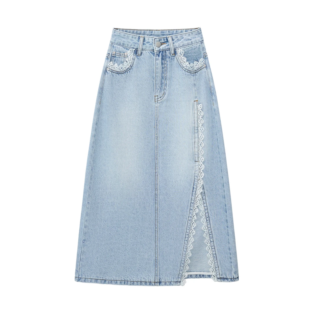 2025年春季新款牛仔半身裙包臀中长裙蕾丝设计感开叉休闲女装1626