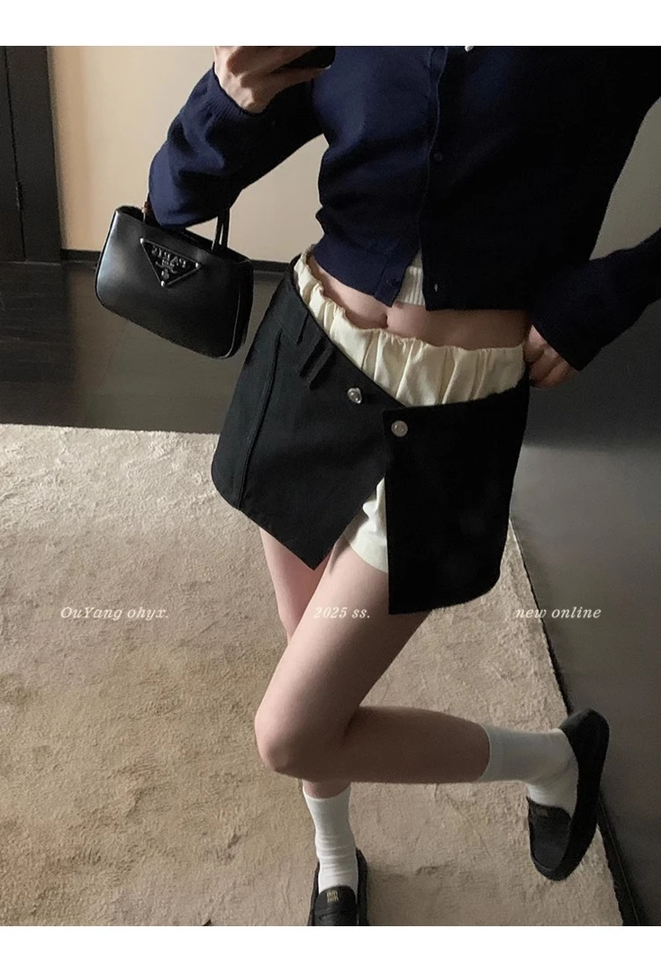 欧阳 可拆卸叠穿两件套半身裙裤女夏季短款A字裙裙子辣妹短裙