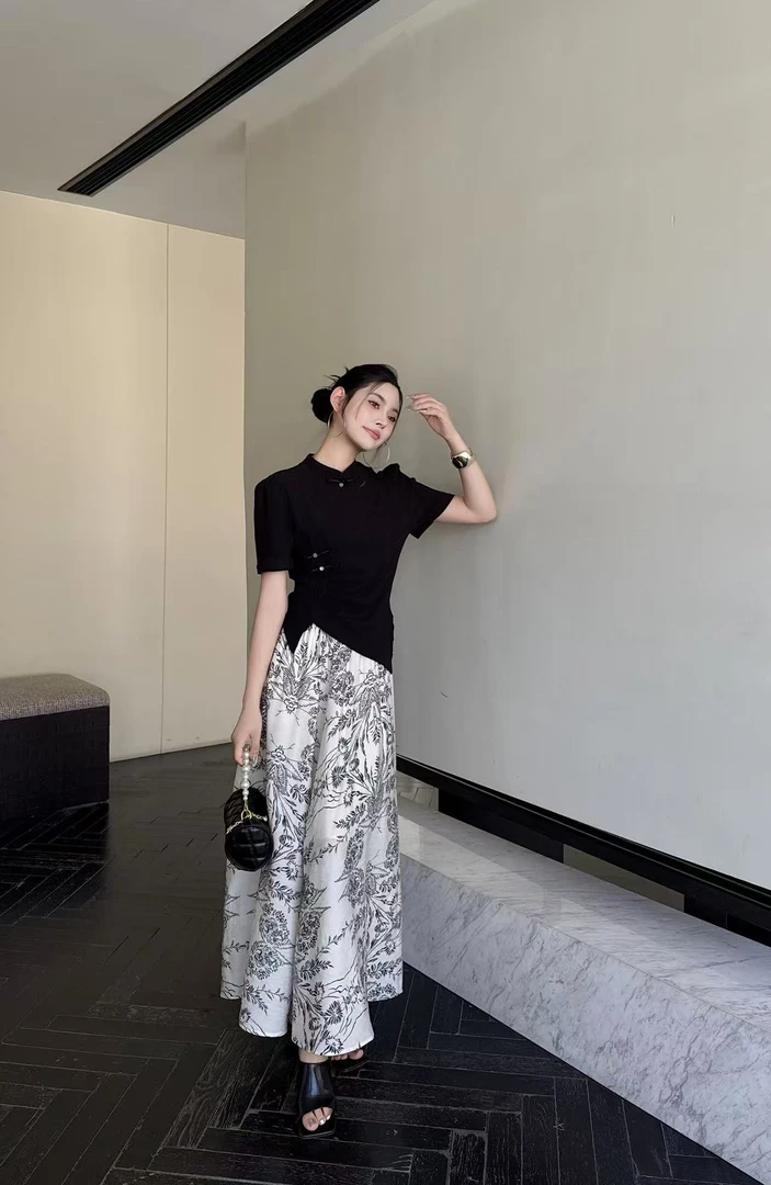 【25115】丰#不规则黑色上衣+半身裙【套装】