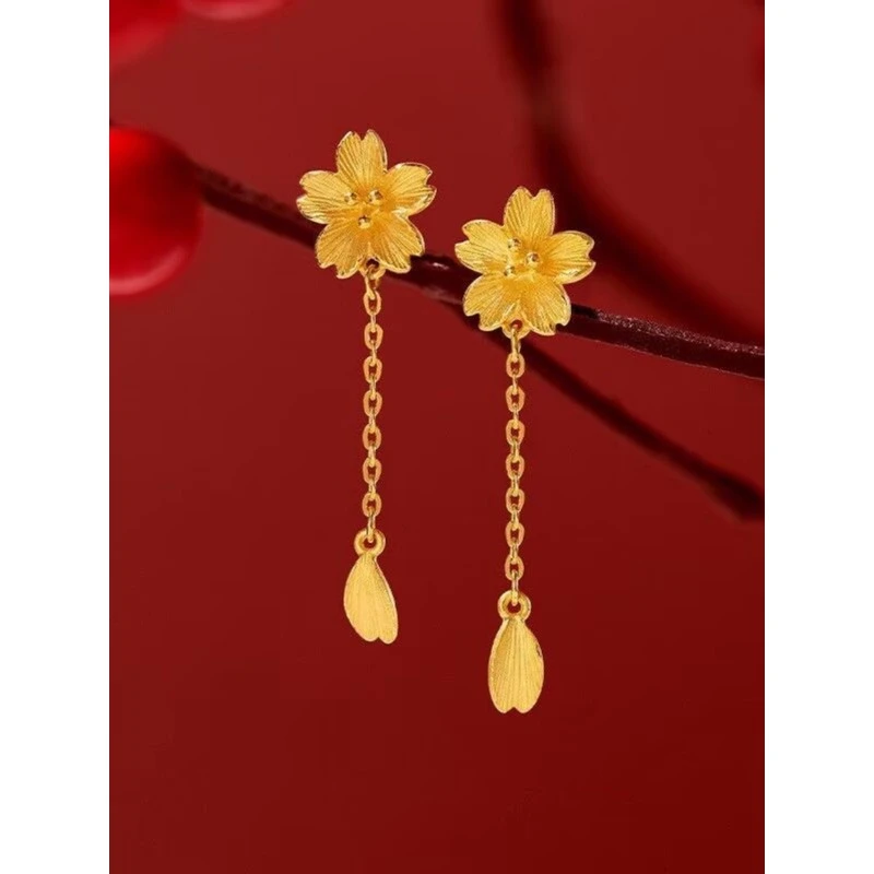 铜合金耳饰 白铜描金锦花流苏耳环甜美气质轻奢小众简约设计感