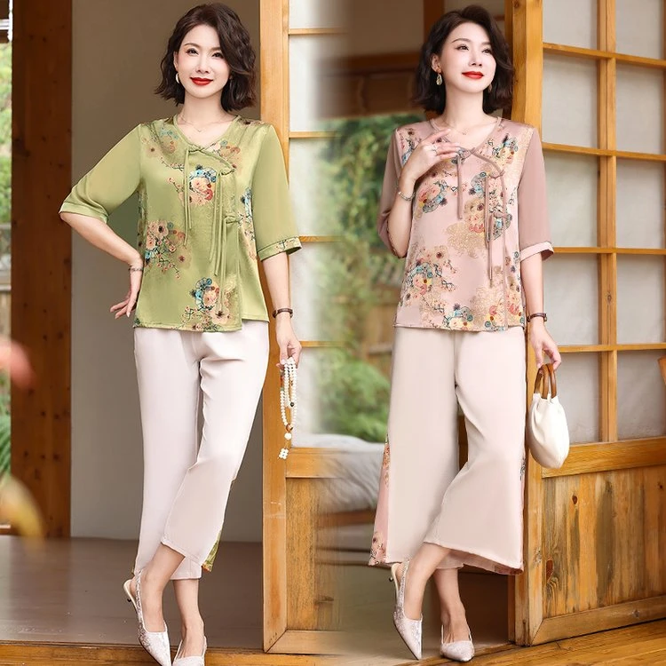 妈妈夏装新中式套装洋气中老年女装国风仿真丝短袖T恤上衣两件套
