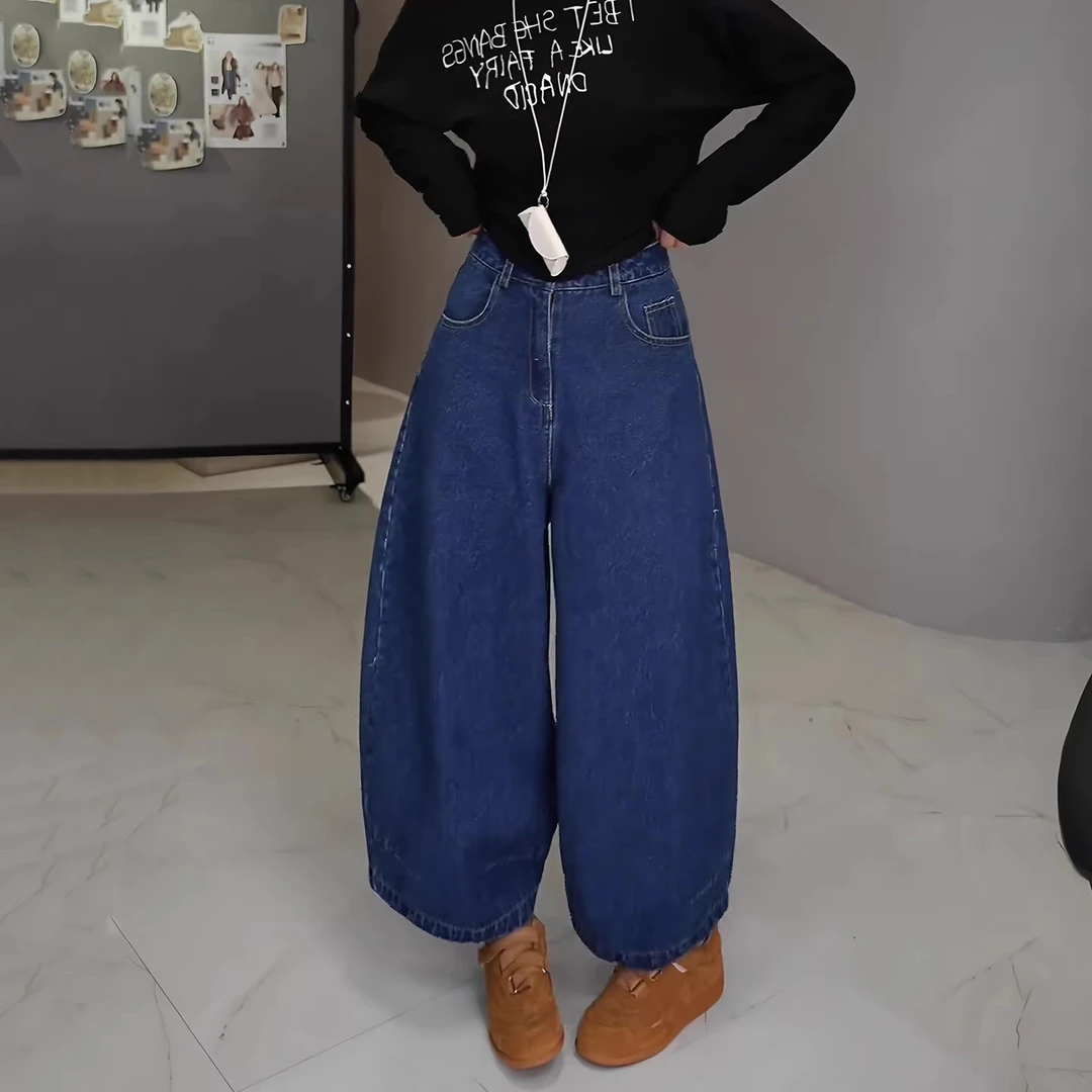 复古蓝色弯刀牛仔裤女2025秋季流行新款高腰显瘦时尚百搭花苞裤子