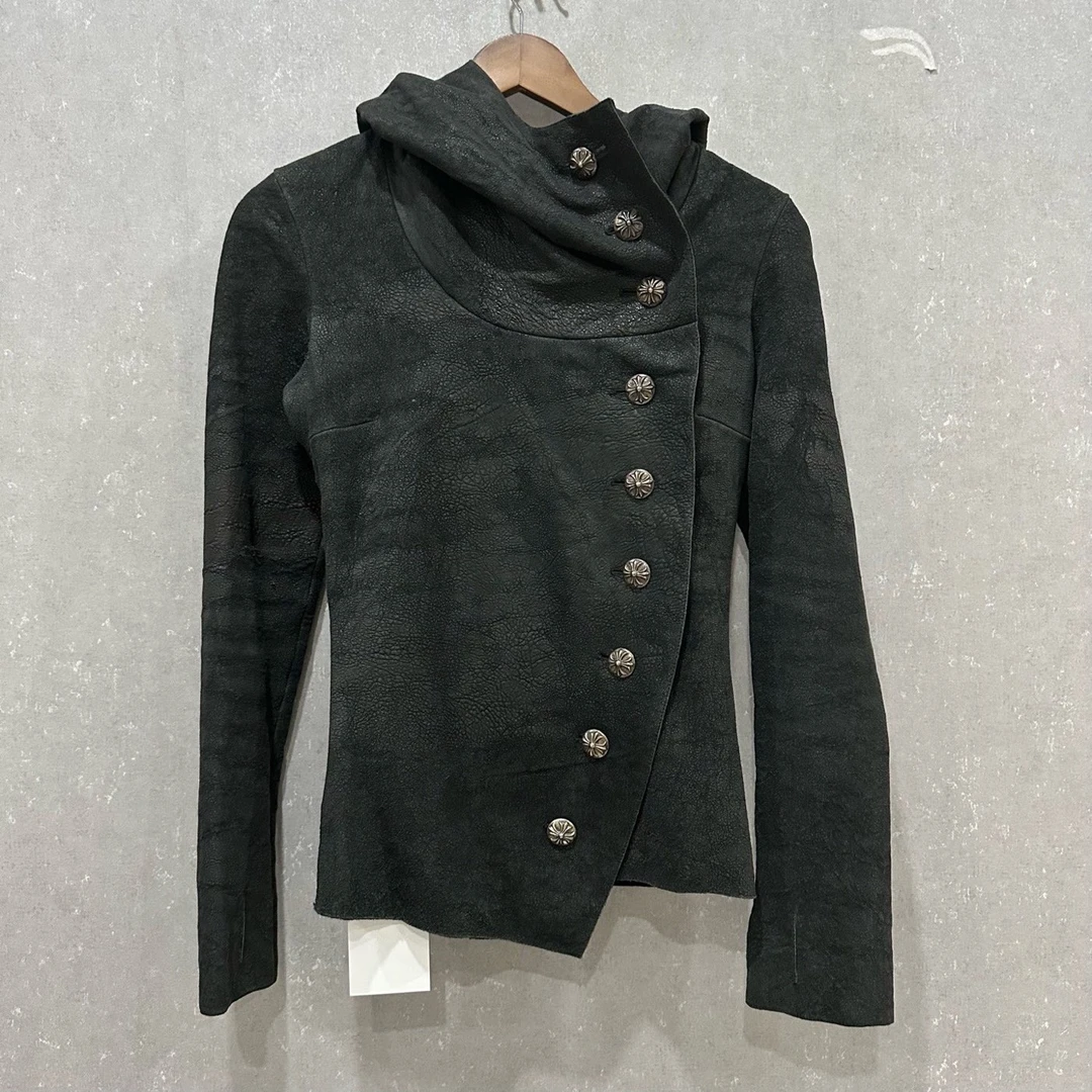 95新 Chrome Hearts/克罗心 限量款银饰纽扣连帽皮衣XS码/004192