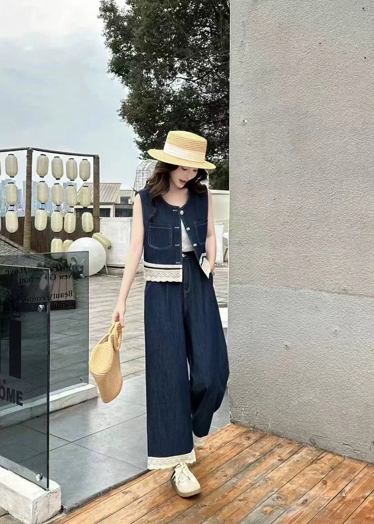 法式欧美风时尚套装夏季显瘦气质无袖上衣牛仔套装阔腿裤宽松减龄