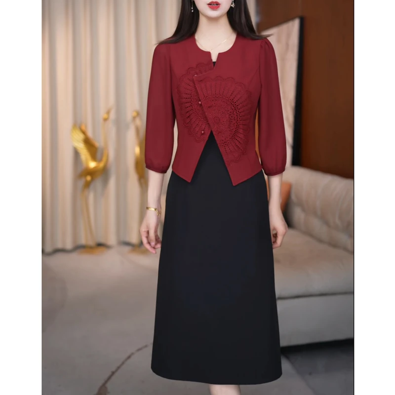 高档精纺优雅气质礼服裙套装2025春季新款遮肚子显瘦两件套连衣裙