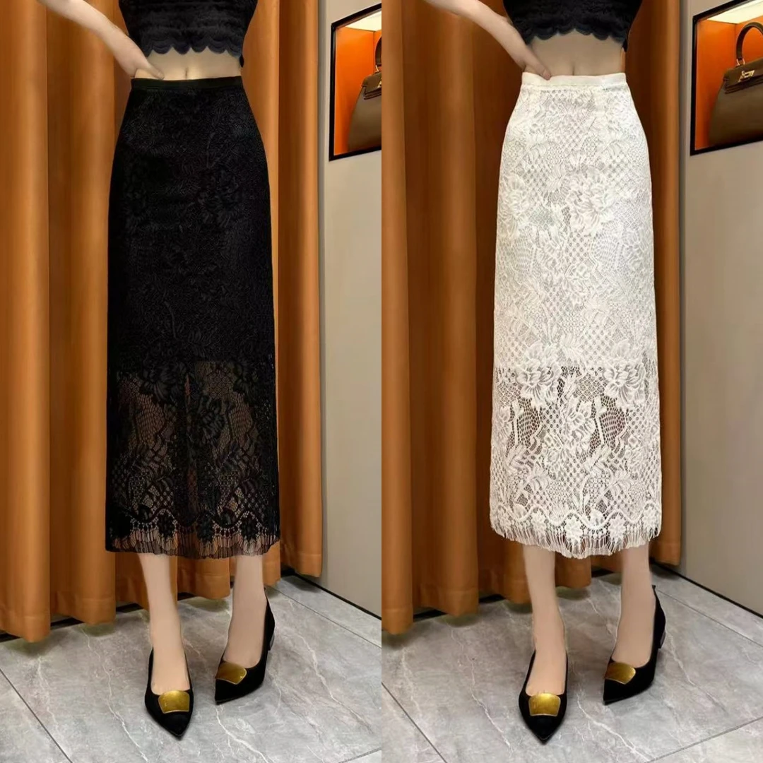 【知性优雅】2025夏季优雅轻奢后开叉蕾丝直筒裙气质显瘦高腰包臀裙