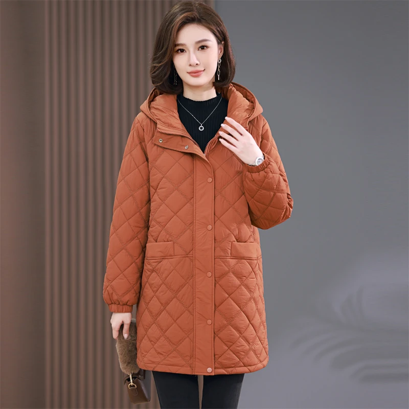 菱格连帽棉服女中长款2025冬季新款加厚妈妈宽松夹棉外套保暖棉袄