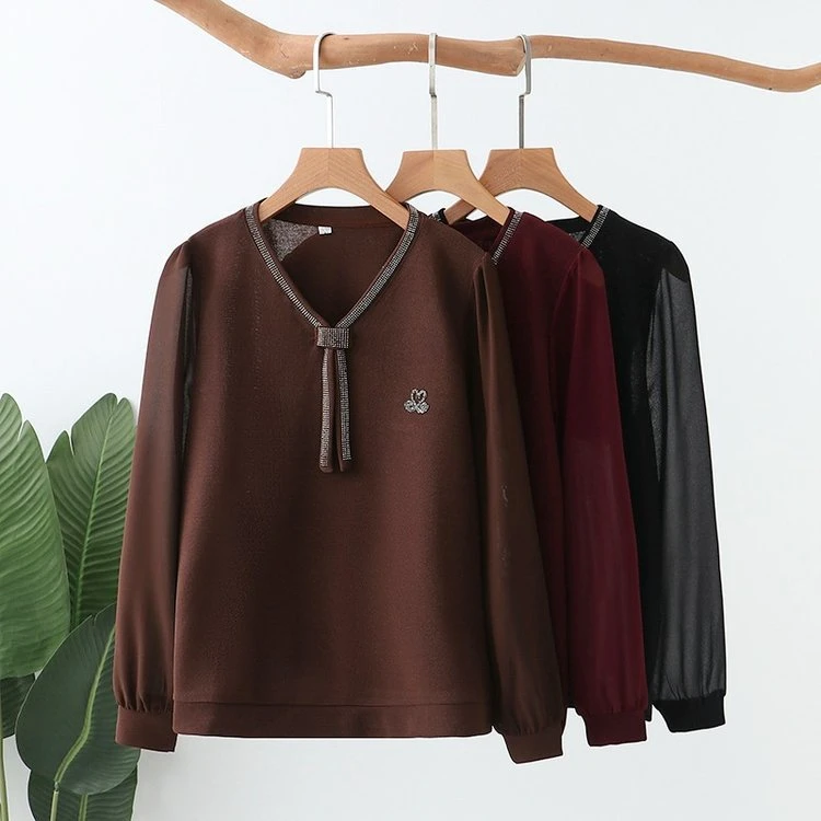 春季新款V领烫钻飘带拼接宽松百搭洋气妈妈装长袖上衣