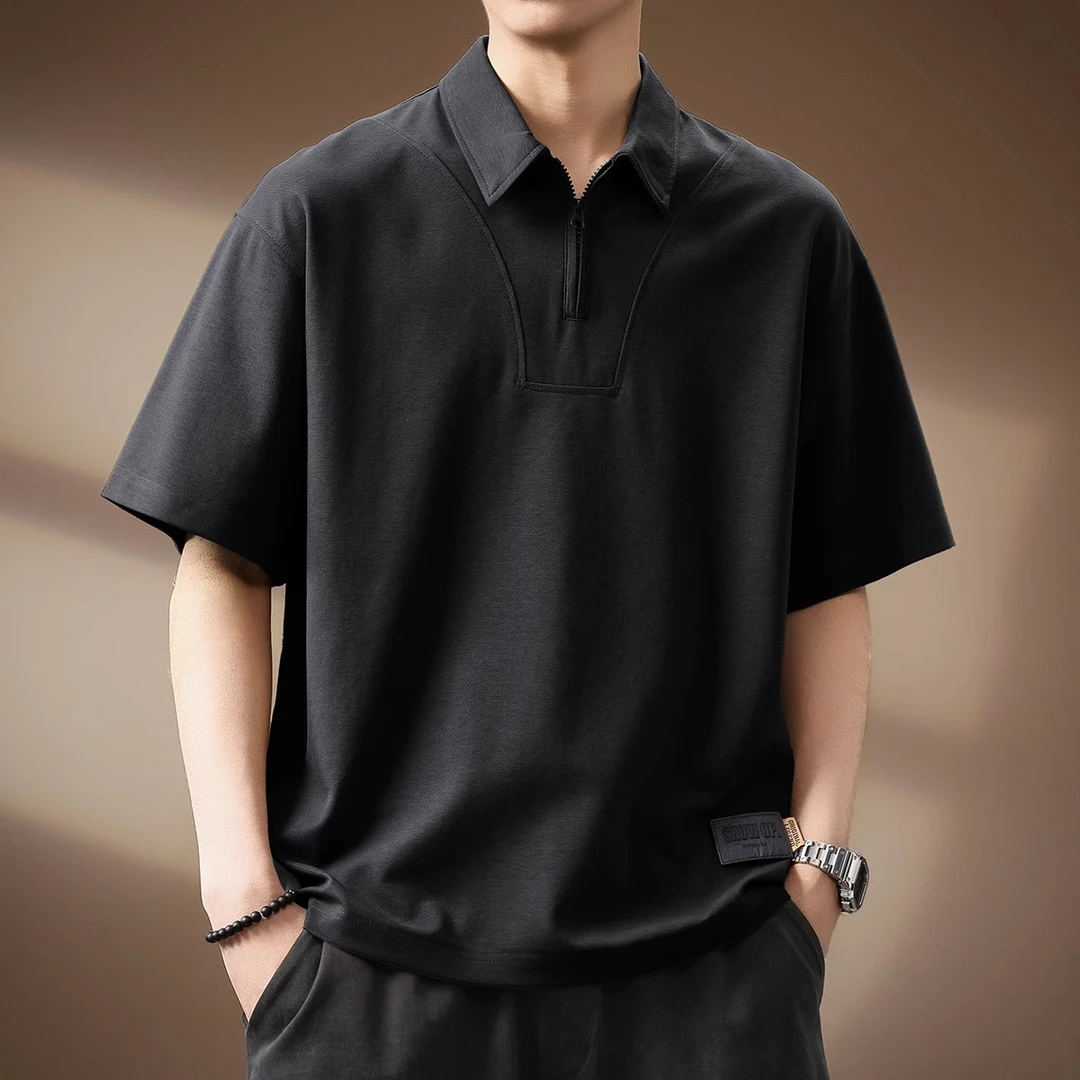 潮龛高端莱赛尔天丝半拉链Polo衫男夏季凉感宽松翻领半袖短袖T恤