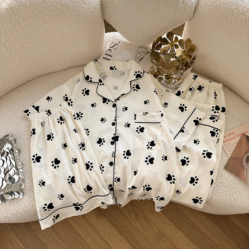 【小狗脚印】三件套短袖短裤大码250斤睡衣女可外穿家居服套装