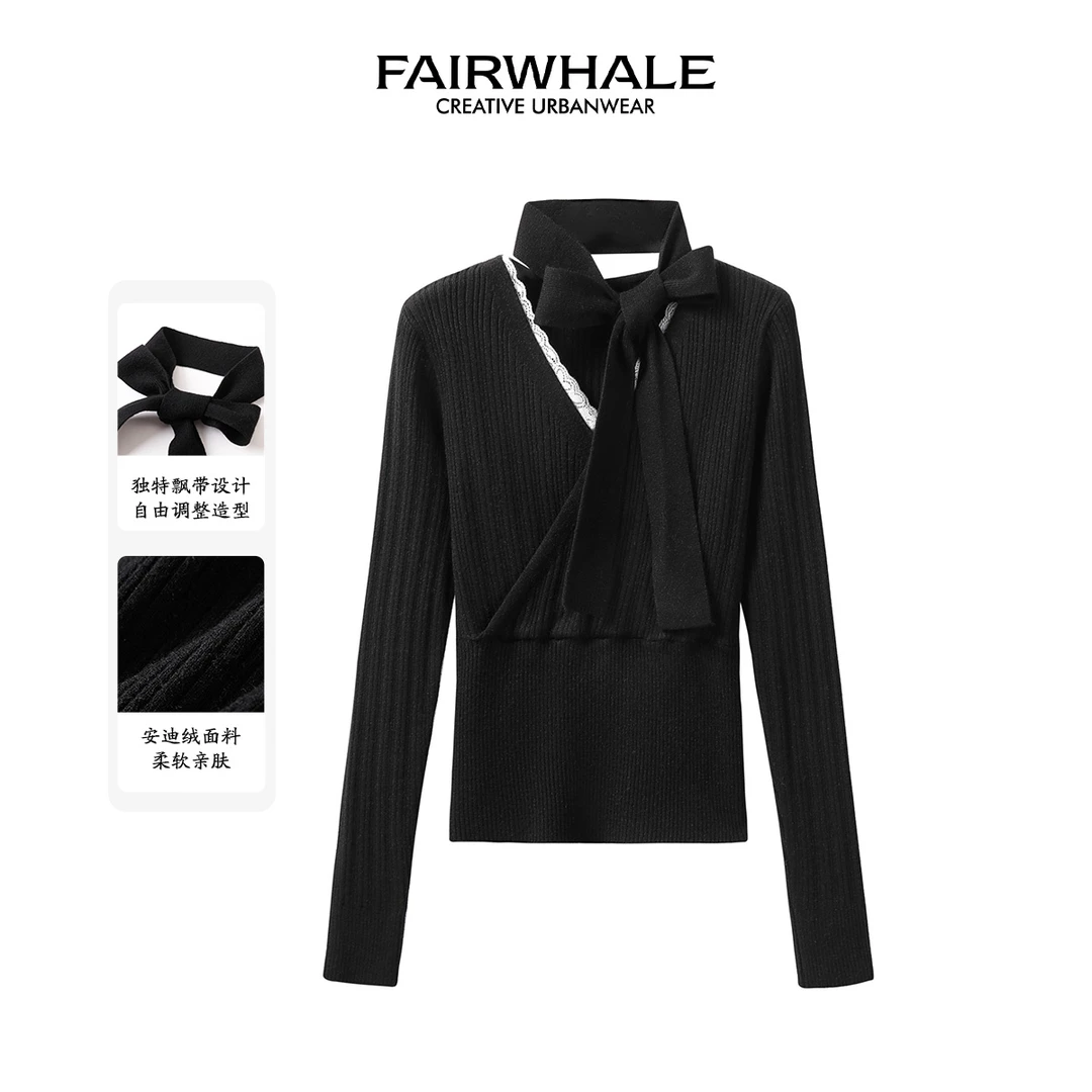 马克华菲女装法式设计感时尚飘带蕾丝拼接百搭针织衫秋冬小众