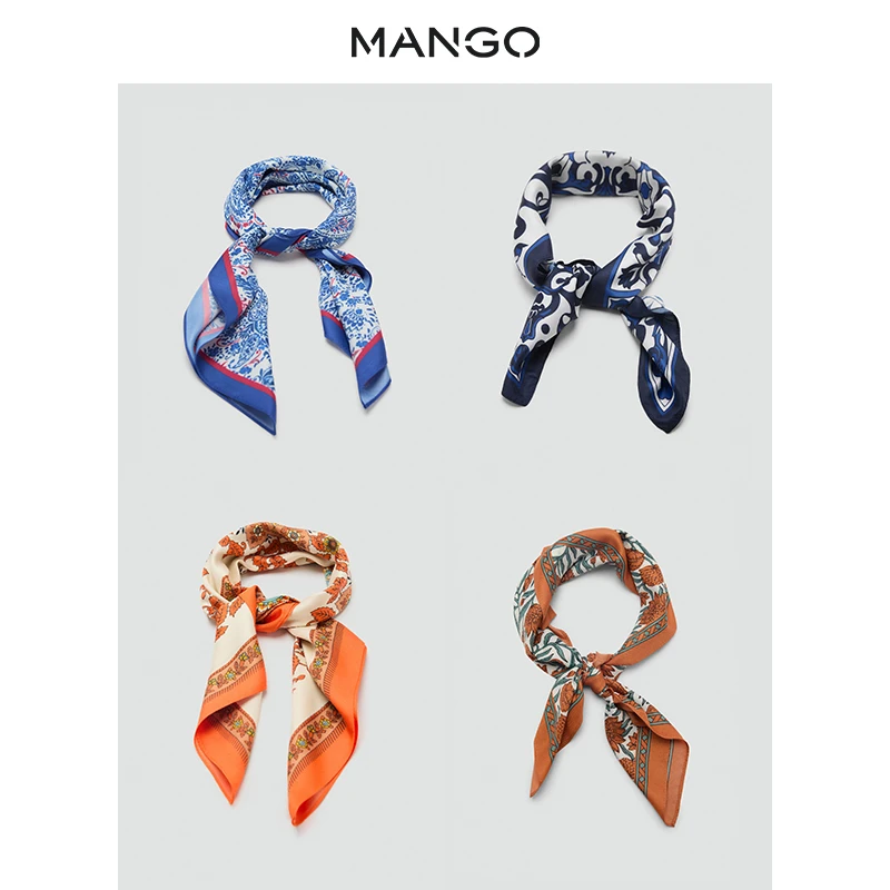 MANGO女装围巾2025秋装新款缎面印花多色复古小方巾丝巾系脖配饰