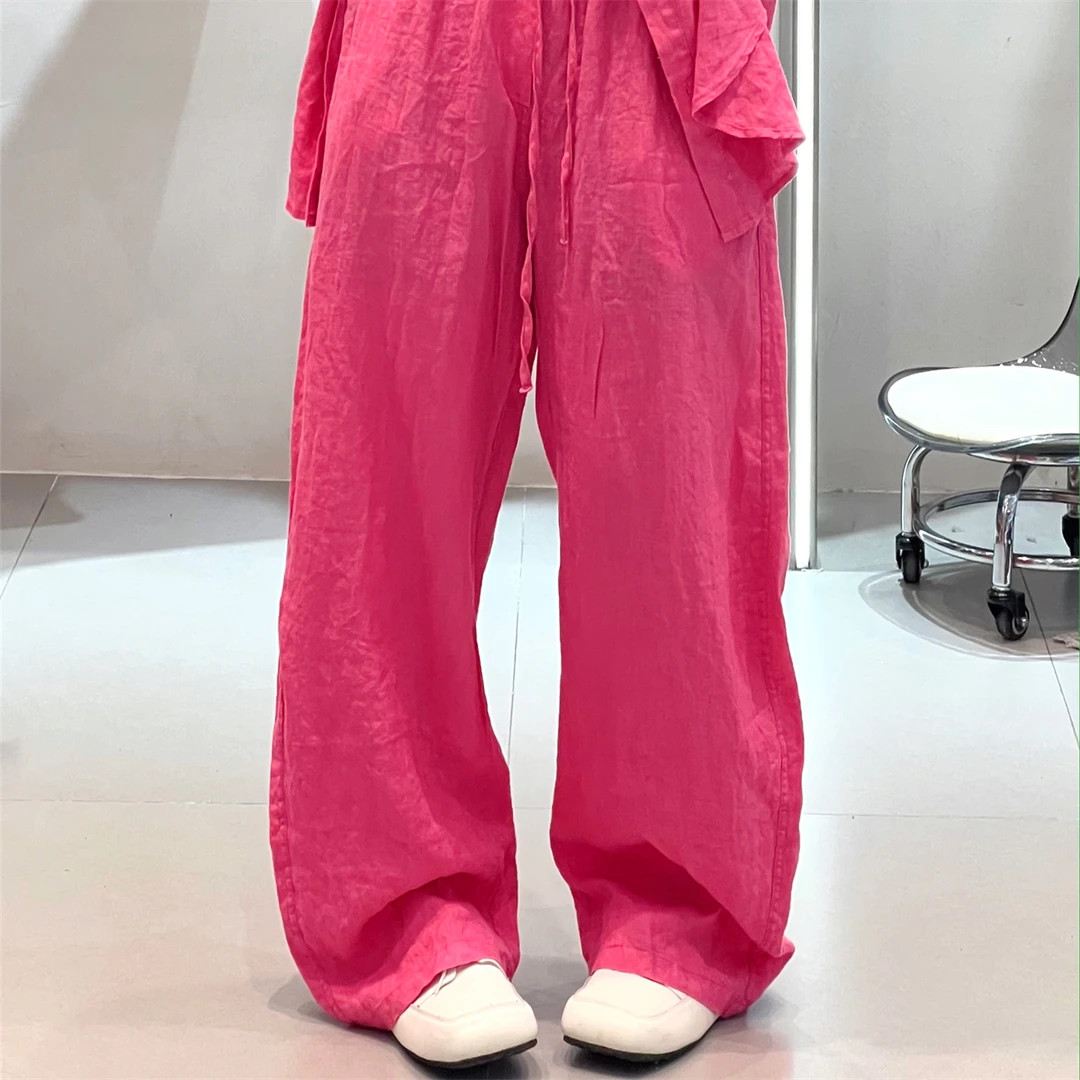夏季多巴胺纯亚麻阔腿裤子宽松百搭休闲裤女纯色简约基础款直筒裤