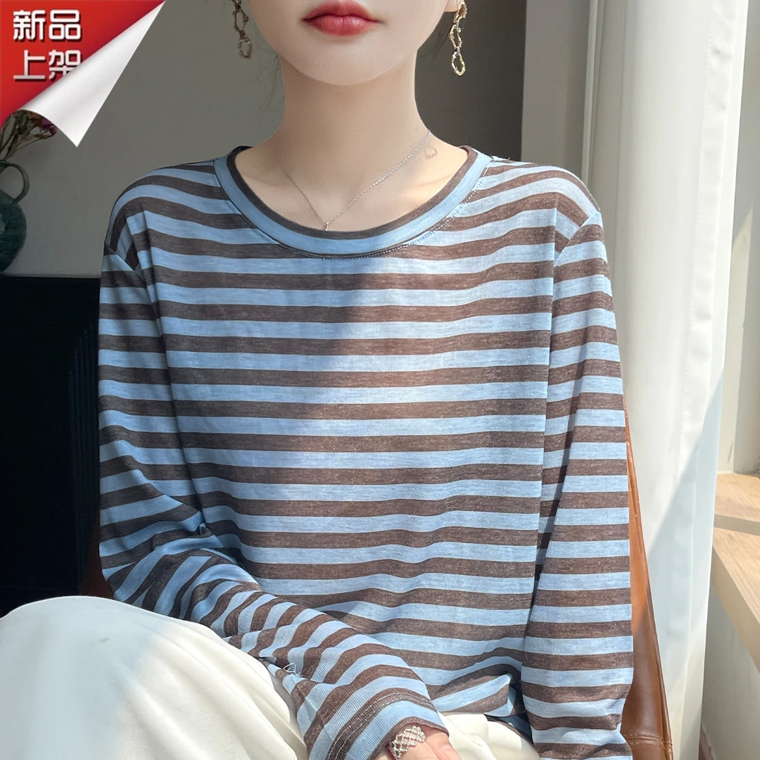 哥弟阿玛施正品春秋新款圆领拼色条纹针织衫休闲百搭减龄打底衫
