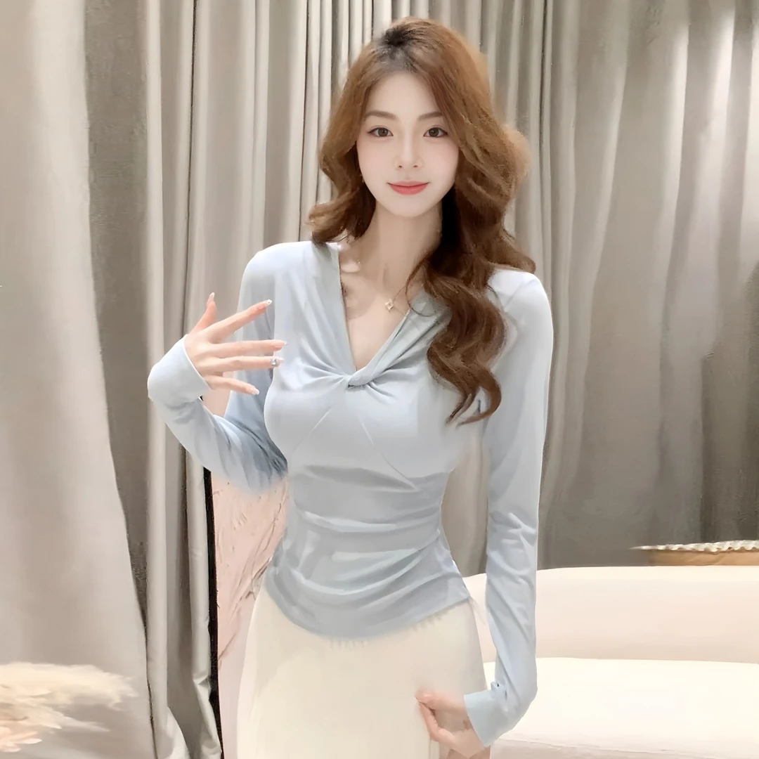 【9107桃】法式温柔蝴蝶结扭结长袖T恤女秋季修身显瘦气质打底上衣