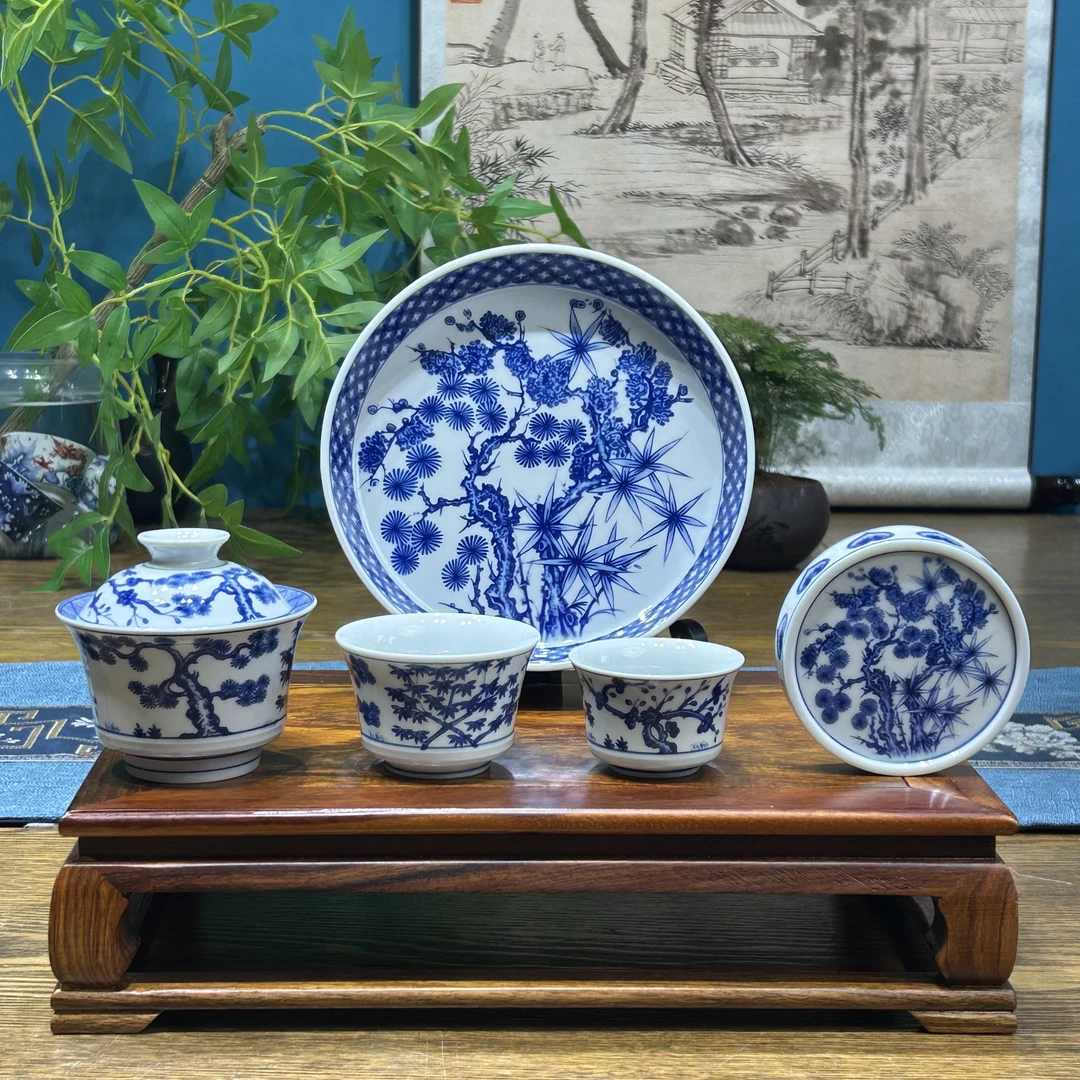 景德镇陶瓷青花岁寒三友松竹梅图茶具套组整套茶器家用高端茶器