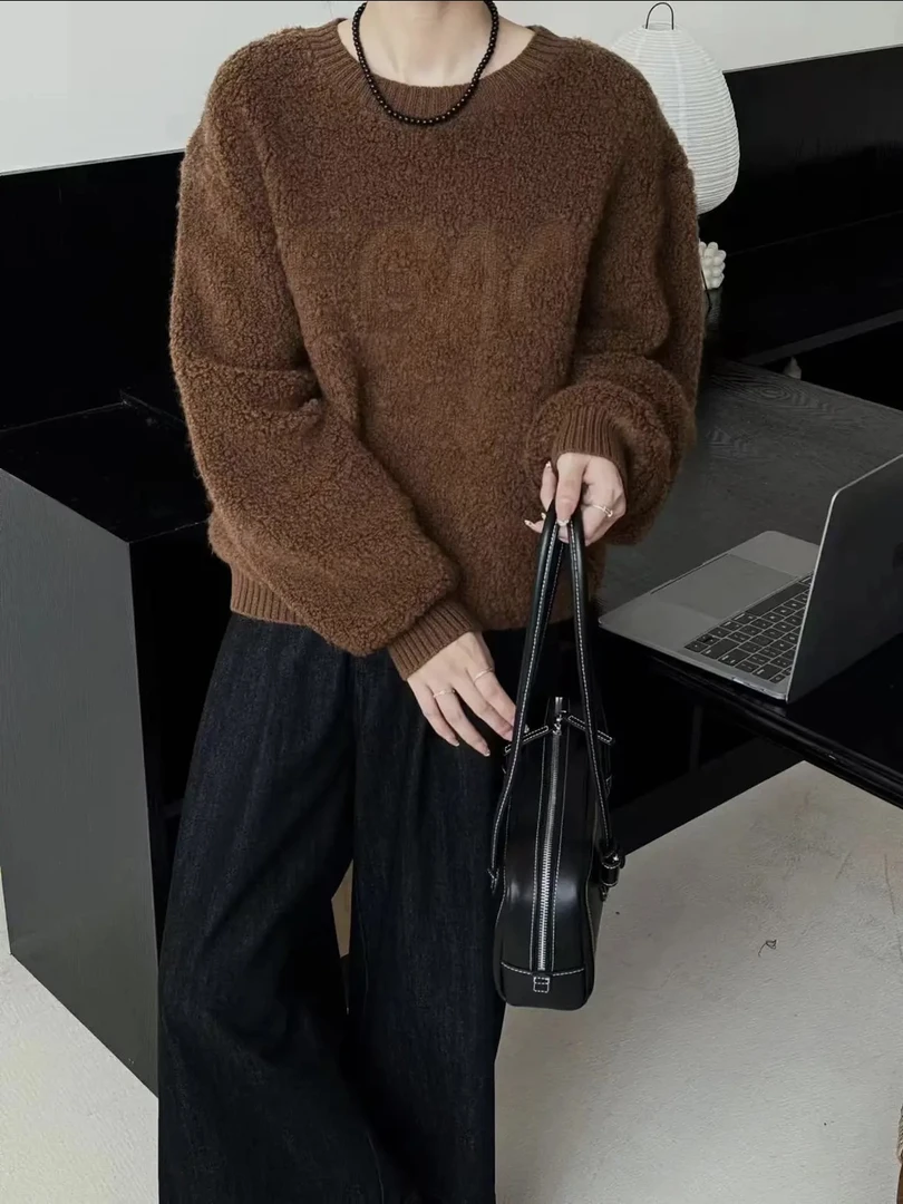慵懒感休闲宽松圈圈绒美拉德针织套头加厚外套9689