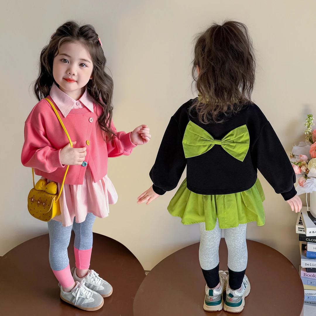 女童洋气套装韩版儿童蝴蝶结中长款卫衣打底裤两件套小女孩春秋装