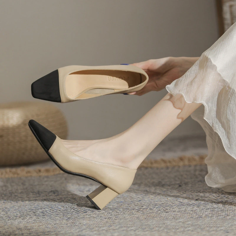 一脚蹬法式小羊皮方头粗跟高跟鞋