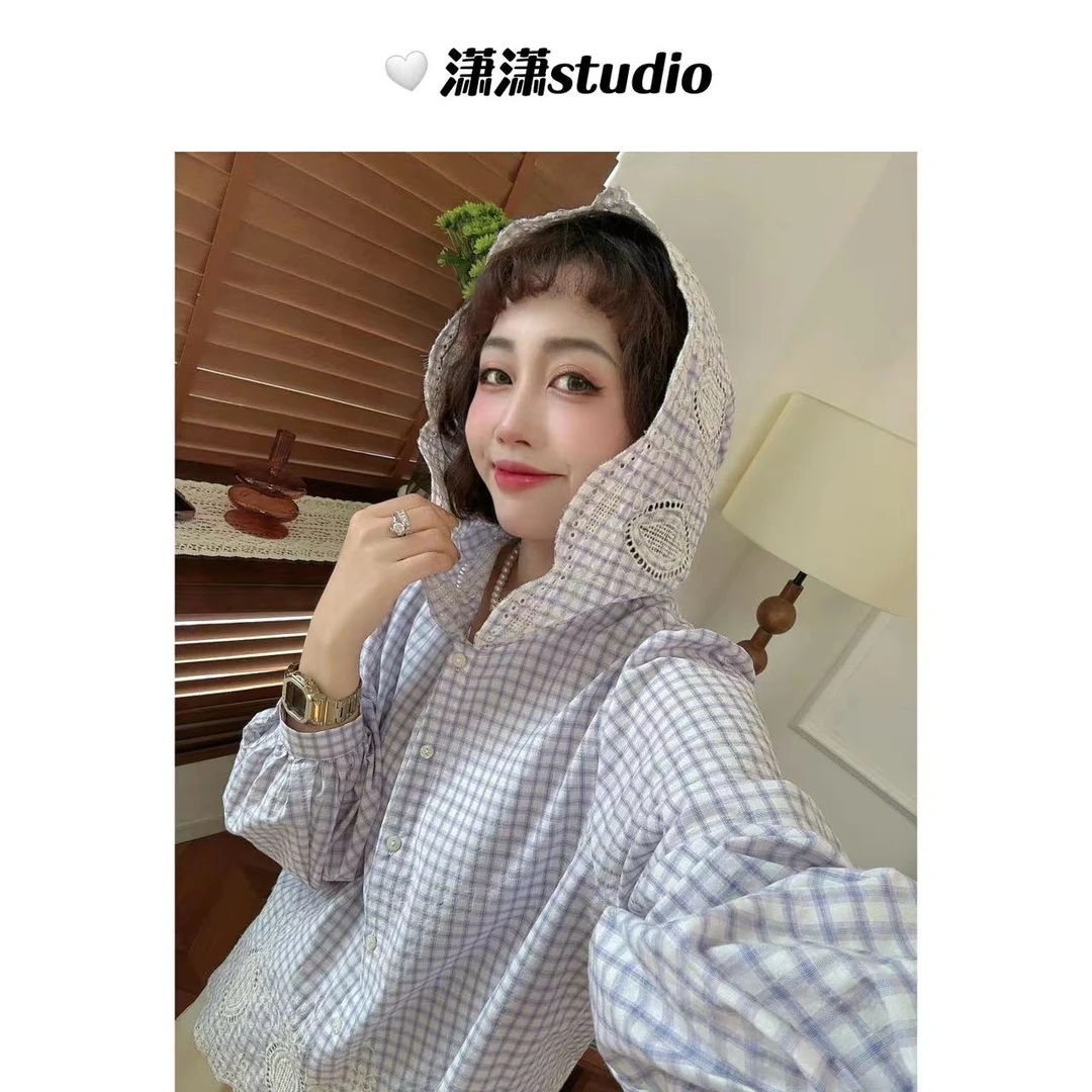 【格子帽衫】【重工刺绣花边】潇潇下摆帽子刺绣花边正肩衬衣XM1104
