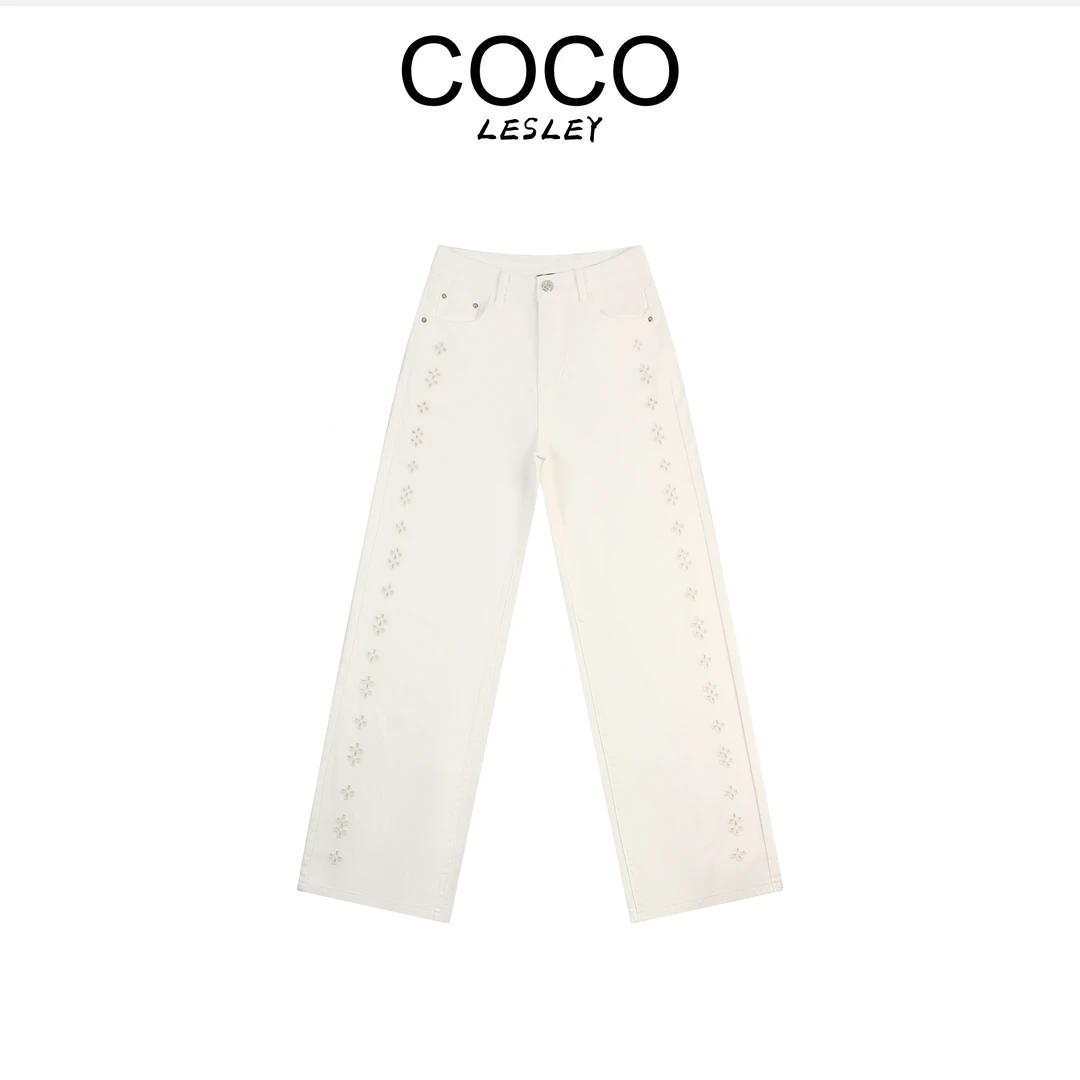 【COCO LESLEY】“镂空雕花”阔腿拖地牛仔裤女款显瘦休闲LW5512