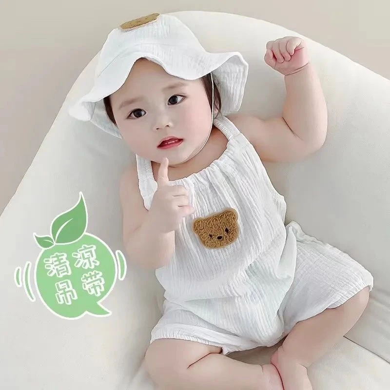 2025新款宝宝纱布连体衣男女宝宝无袖吊带哈衣爬服薄款纯棉连体衣