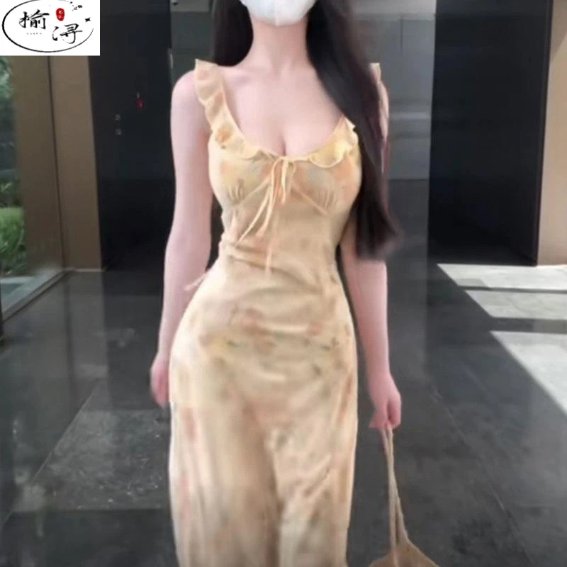 【榆浔女装】海边度假风碎花吊带连衣裙御姐独特绝美领收腰鱼尾包
