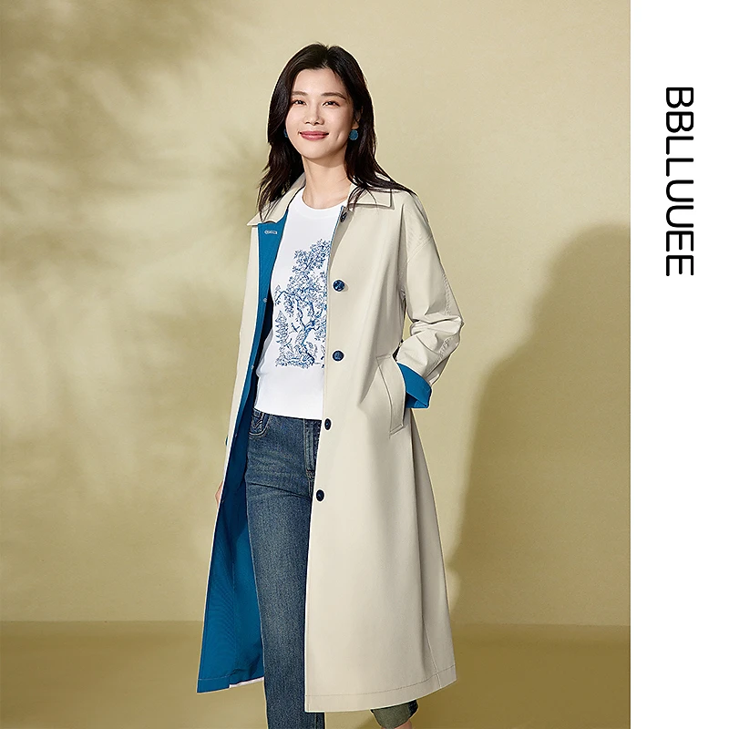 【晨晨精选】【环保撞色风衣】BBLLUUEE粉蓝衣橱2025春新款复古气质撞