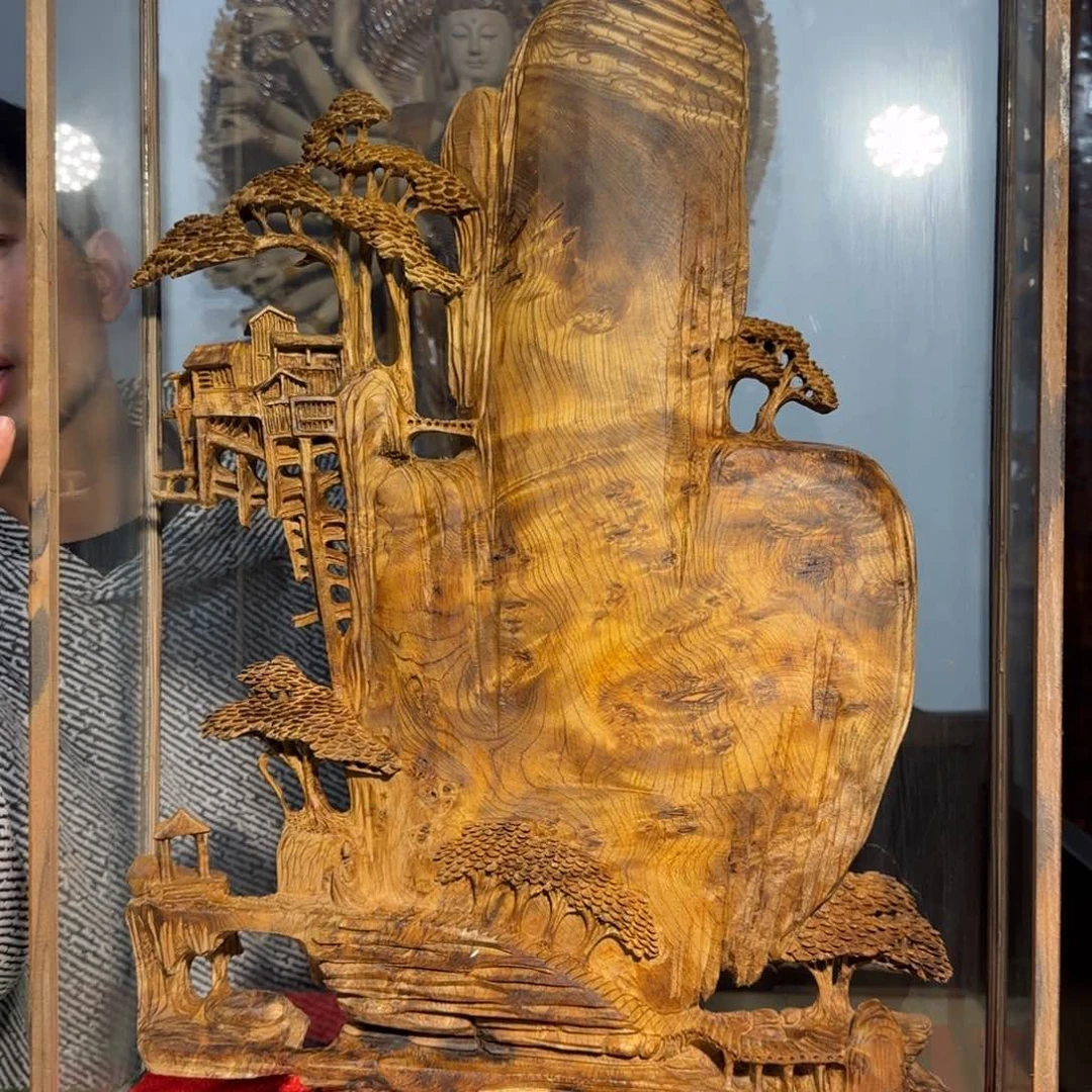 金丝楠阿*小叶桢楠山水带玻璃框