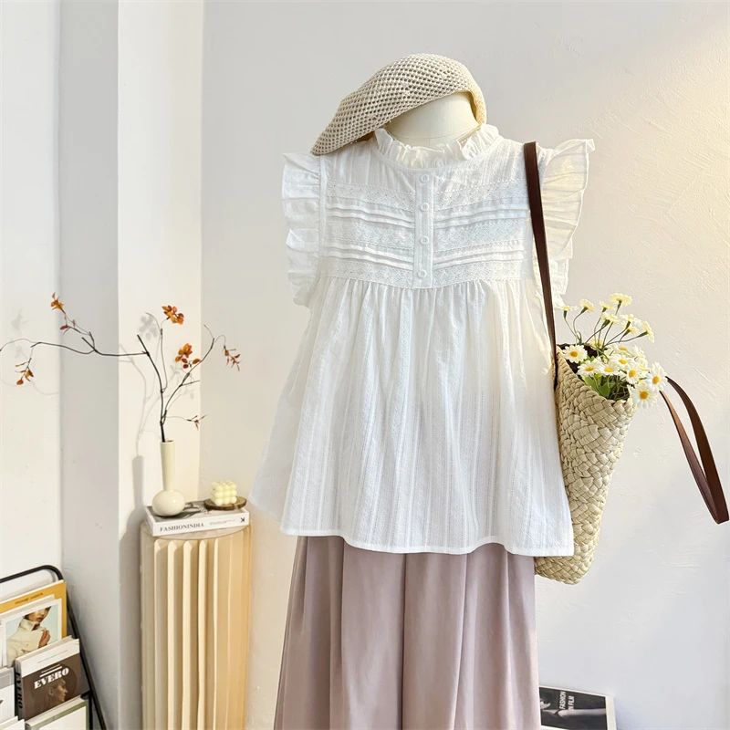 白色法式木耳立领小飞袖衬衫女2025夏设计感宽松甜美减龄小衫上衣