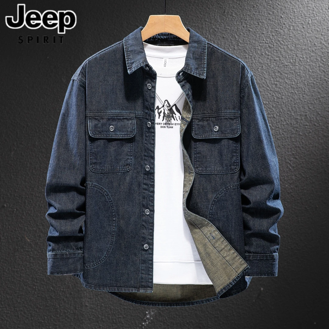 JEEP吉普秋季复古潮流牛仔衬衫男士秋季新款宽松休闲百搭衬衣外套