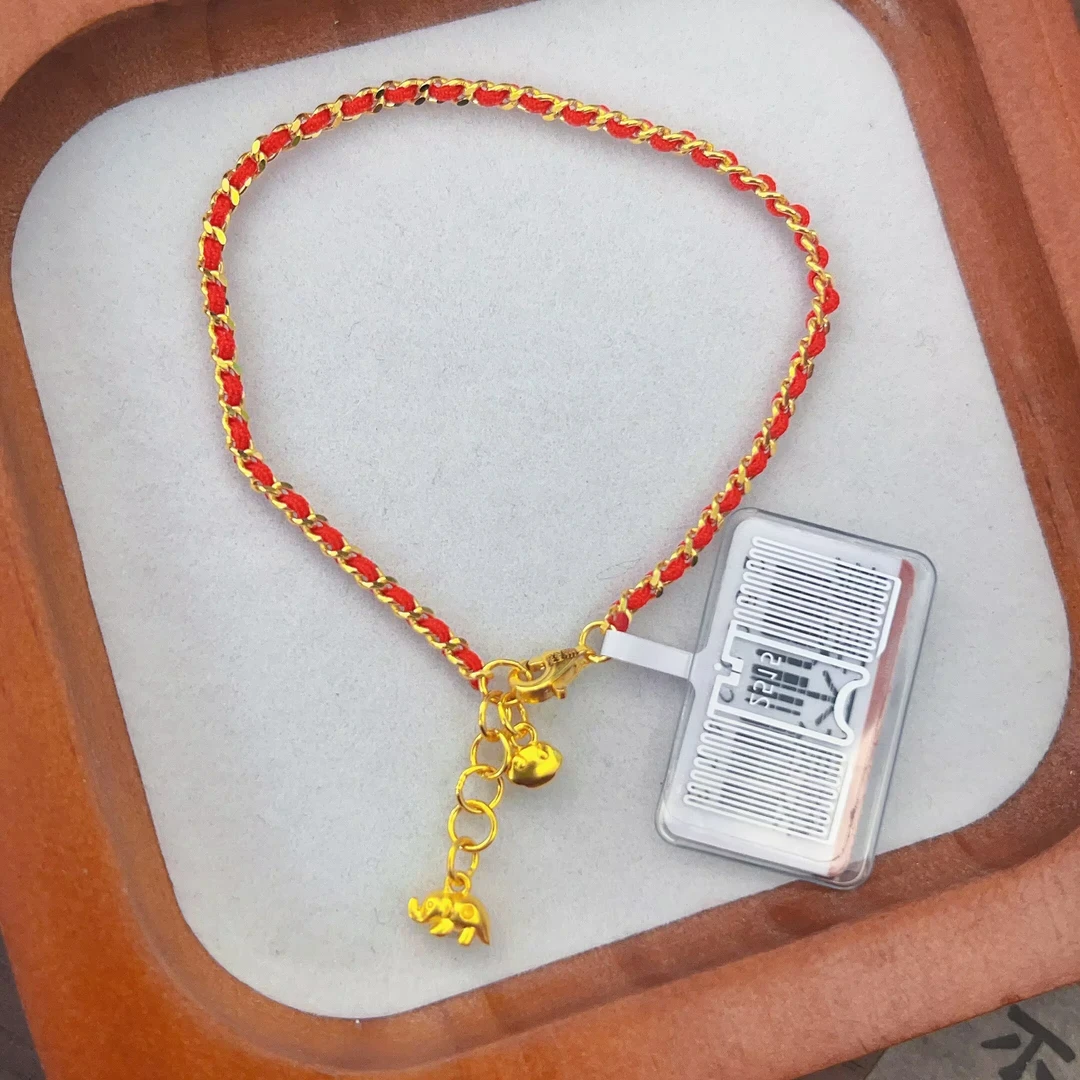 黄金古法工艺足金999黄金侧身手链红绳手链 黄金红绳 黄金按克卖