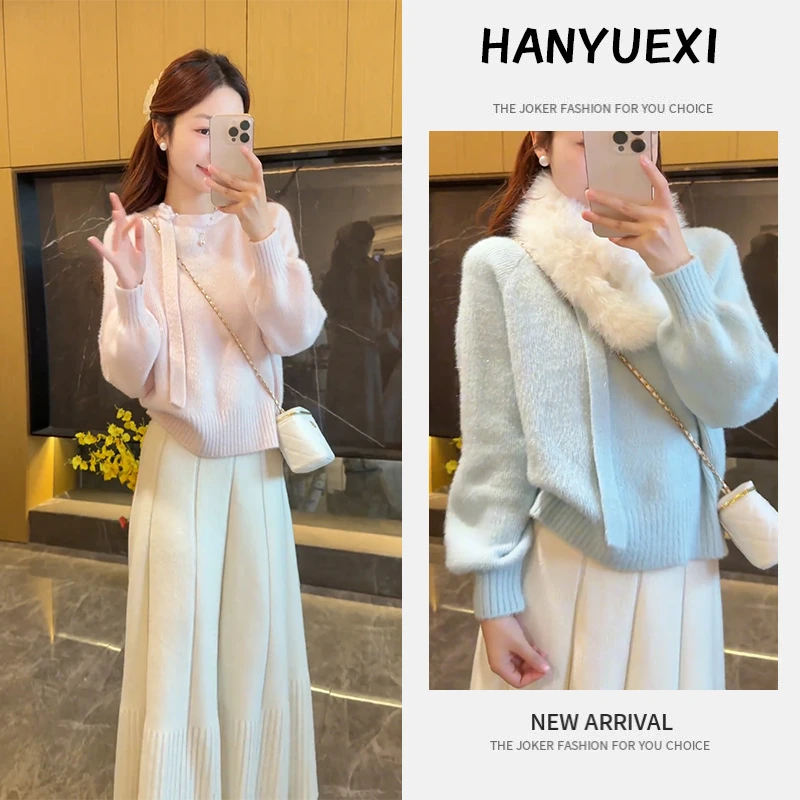 韩系氛围感穿搭秋冬2025新款气质显瘦纯色不规则毛衣半身裙两件套