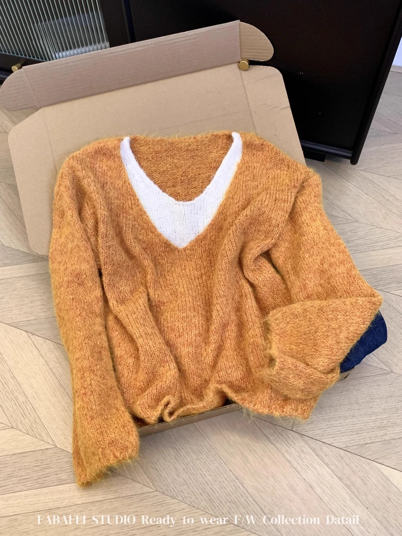 慵懒风撞色假两件长袖针织衫女装秋季百搭套头毛衣松弛感穿搭上衣